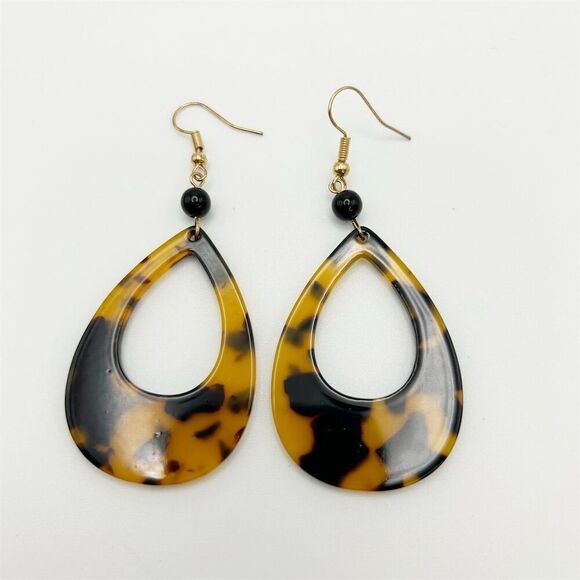 Faux Tortoise Shell Leopard Print Boho Teardrop Dangle Earrings Brown and Black - Picture 1 of 8